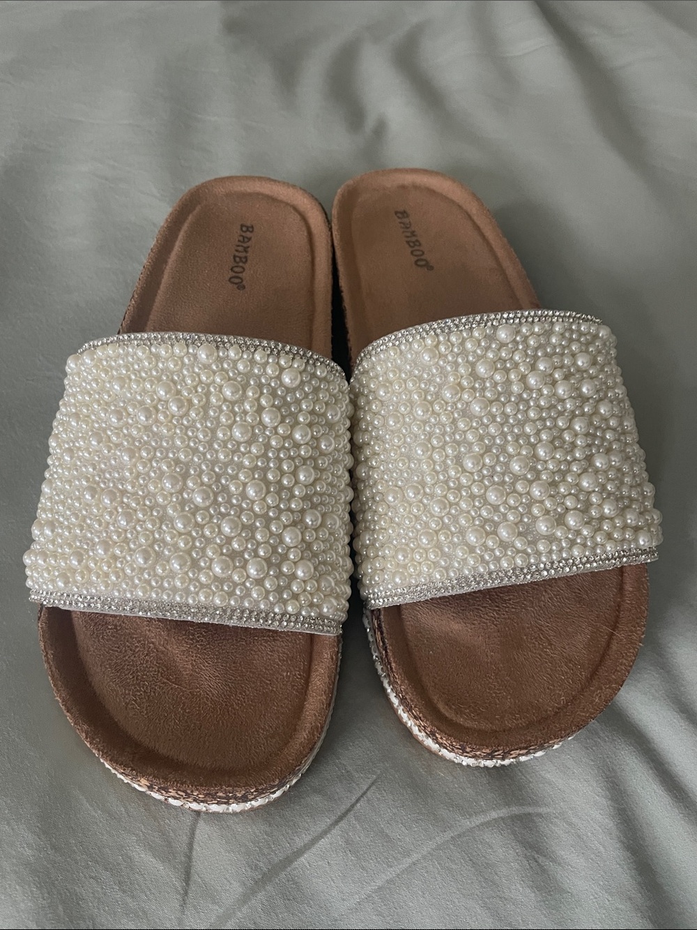BAMBOO Pearl-Embellished Slide Sandals in Ivory